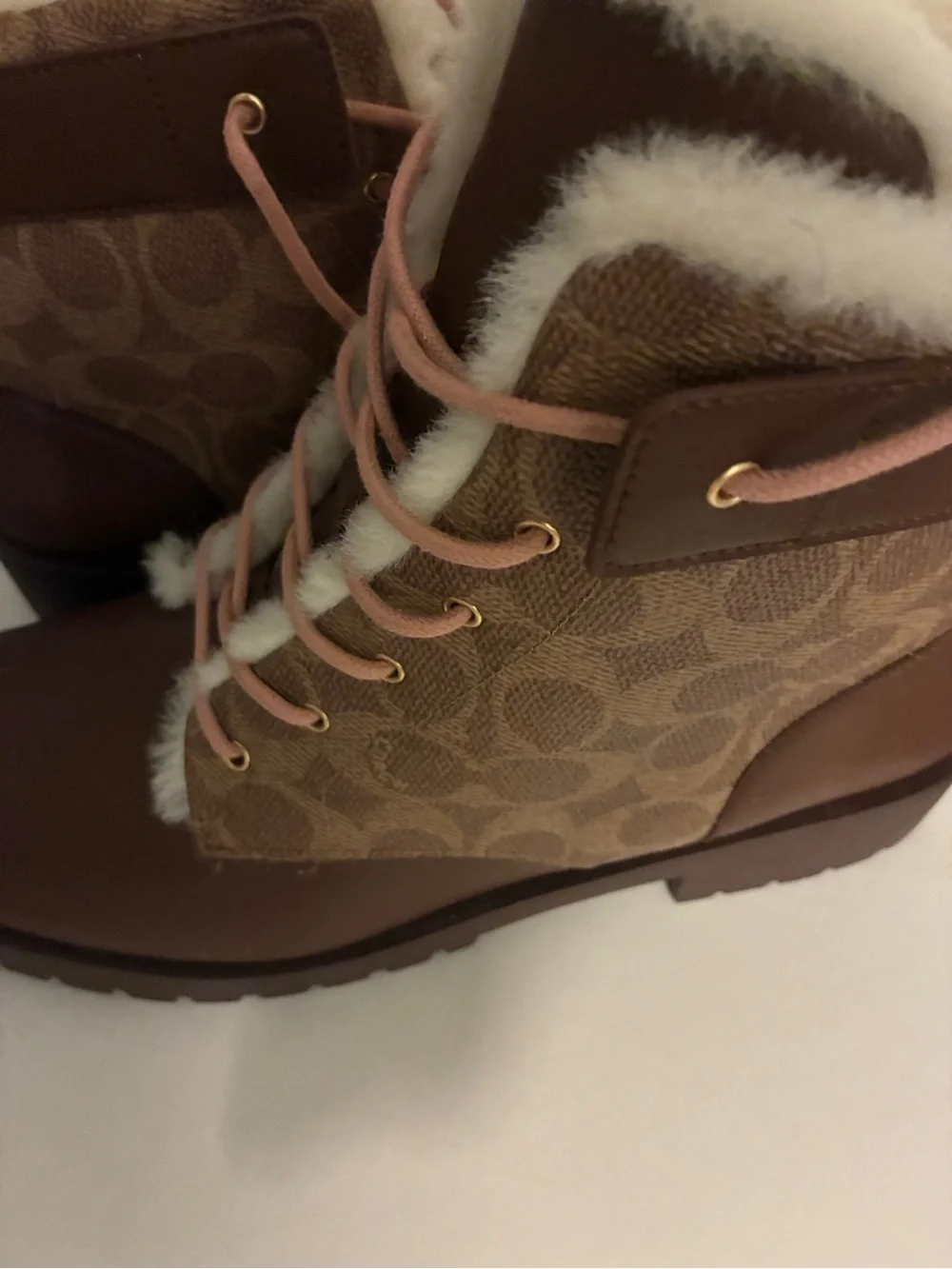 Women's COACH Brown Faux-Fur Trim Lace-Up Winter Boots